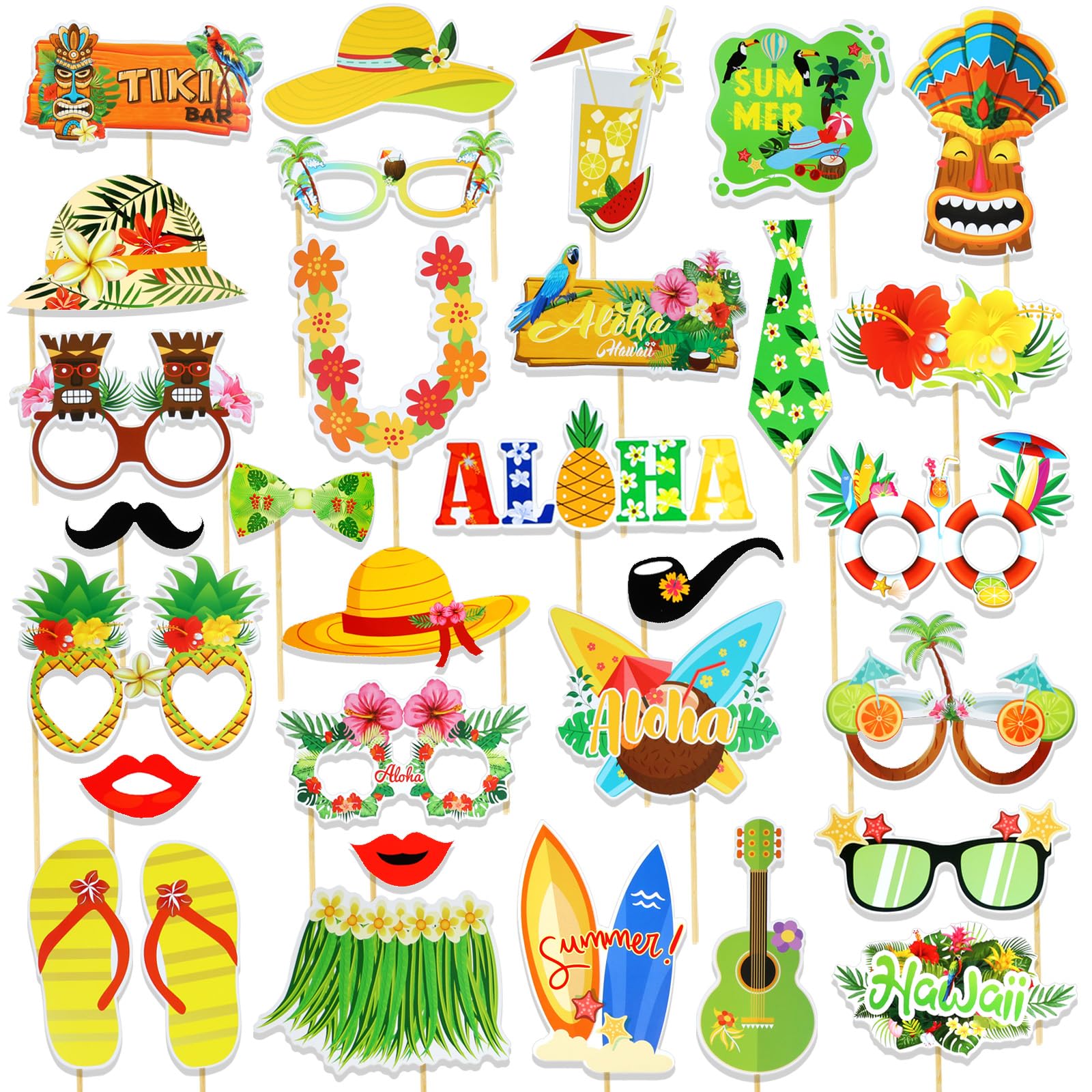 PHOGARY 31PCS Luau Photo Booth Props, Summer Hawaiian Photo Booth Props Kit Aloha Photo Props for Hawaiian Tropical Luau Summer Pool Beach Birthday