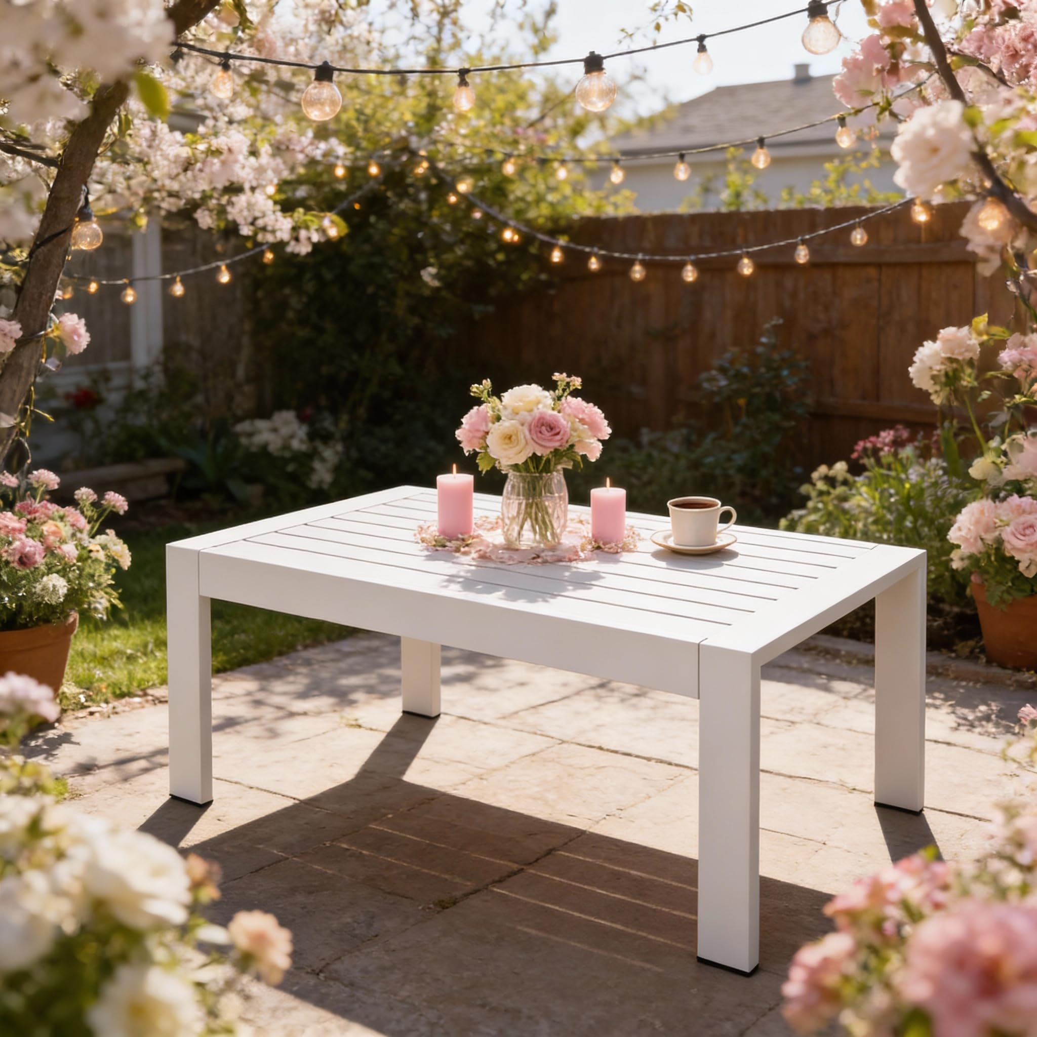 All-Weather Aluminum Outdoor Coffee Table Modern Coffee Table for Outside Rectangle Patio Coffee Table for Balcony Garden White