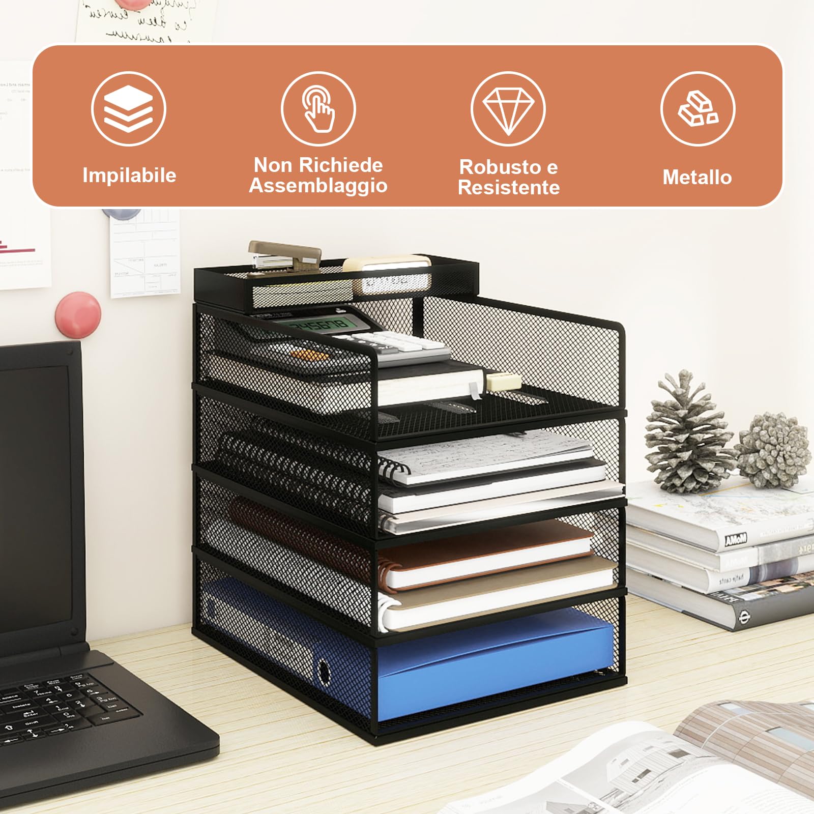 PUNCIA Porta Documenti da Scrivania in Metallo a 4 Livelli Organizer | Documenti Vassoio Porta Documenti Accessori Ufficio Vassoio per Lettere A4 Tavolo per Ufficio Domestico e Scola (Nero)