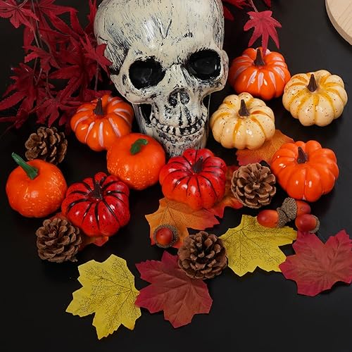 Miniatura 6 de Juego de 25 calabazas falsas de mini calabazas artificiales, kit de decoración de cosecha de otoño, hojas de arce falsas, bellotas y piñas para