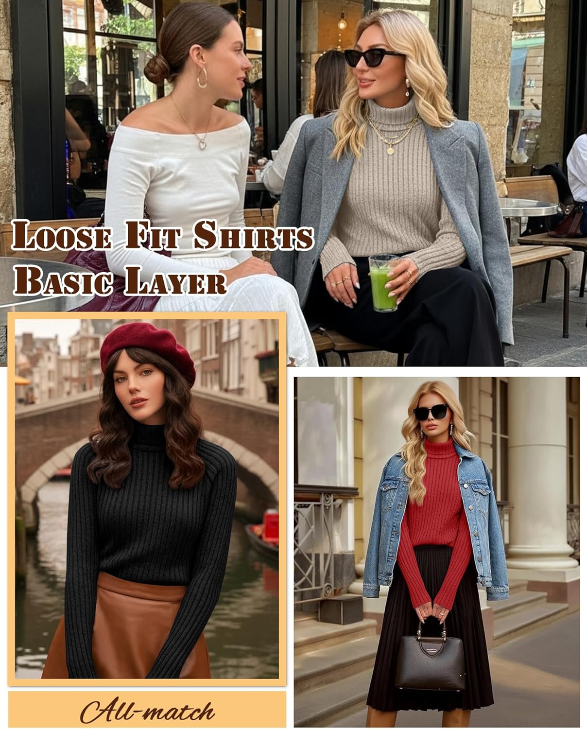 3 Pack Women's Long Sleeve Turtleneck Sweaters, Curved Hem Ribbed Tunic Tops Loose Fit Pullover Basic Layer - Image 2