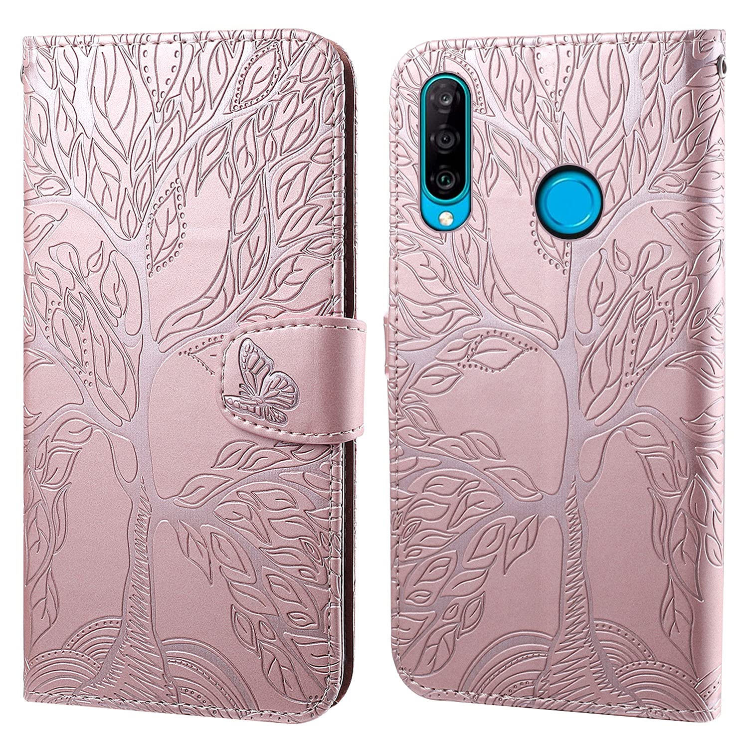 Aisenth Cover per Huawei P30 Lite, Albero della Vita Modello Custodia in PU Pelle Portafoglio Cover protettiva Tree Design Flip Case con Funzione Supporto, 2 Slot per schede - Blu verde