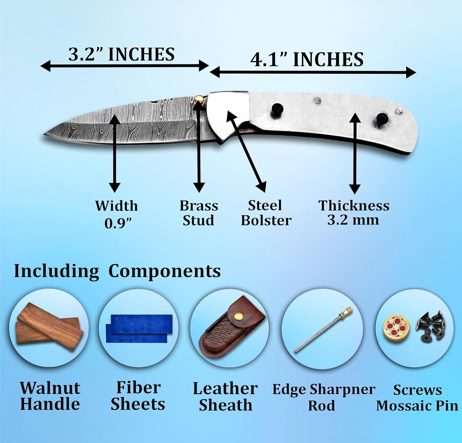 Damascus Steel Knife Blank Blade Pocket Folding Blade, Knife Making Kit, Walnut Scale, Leather sheath, Screws, Fiber Sheets, Edge Sharpner, Mossaic Pin, Kives for Camping, Bushcraft, Hiking, Outdoor (FKK-01)
