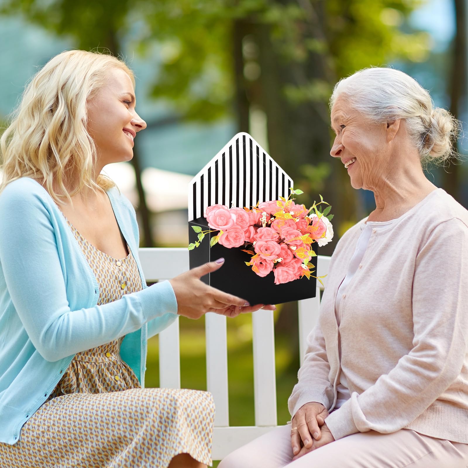 FYSUIMU 9Pcs Mother's Day Floral Envelope Box Empty Flower Stripe Paper Box Florist Bouquet Packaging Box for Valentine's Day Wedding Birthday Party Arrangements, Black