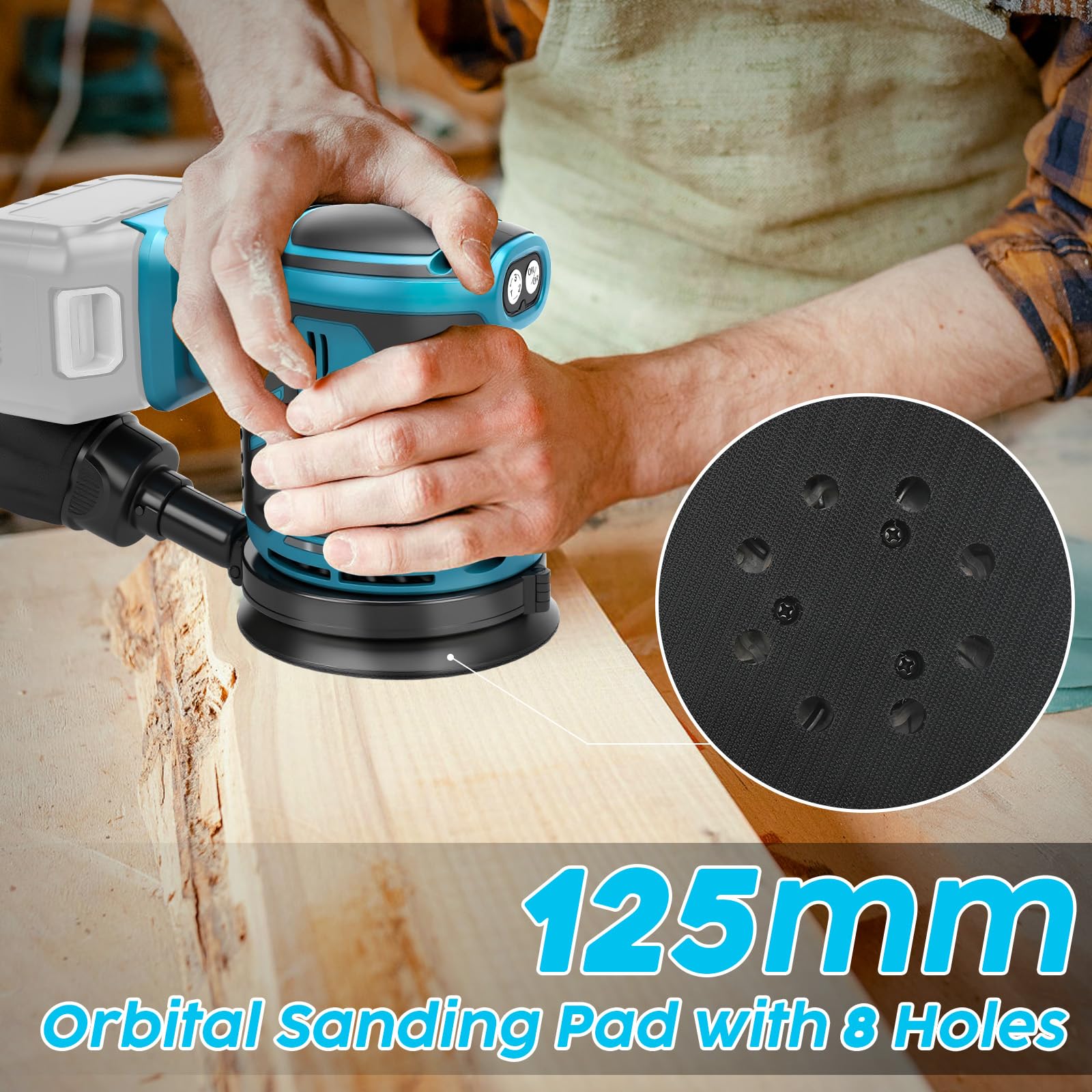 WingFly Ponceuse Excentrique pour Makita 18 V batterie, 125mm, 3 vitesses | Ponceuse orbitale 7000-11000 tr/min, Livrée avec 15 Disques Abrasifs, idéale pour le travail du bois professionnel
