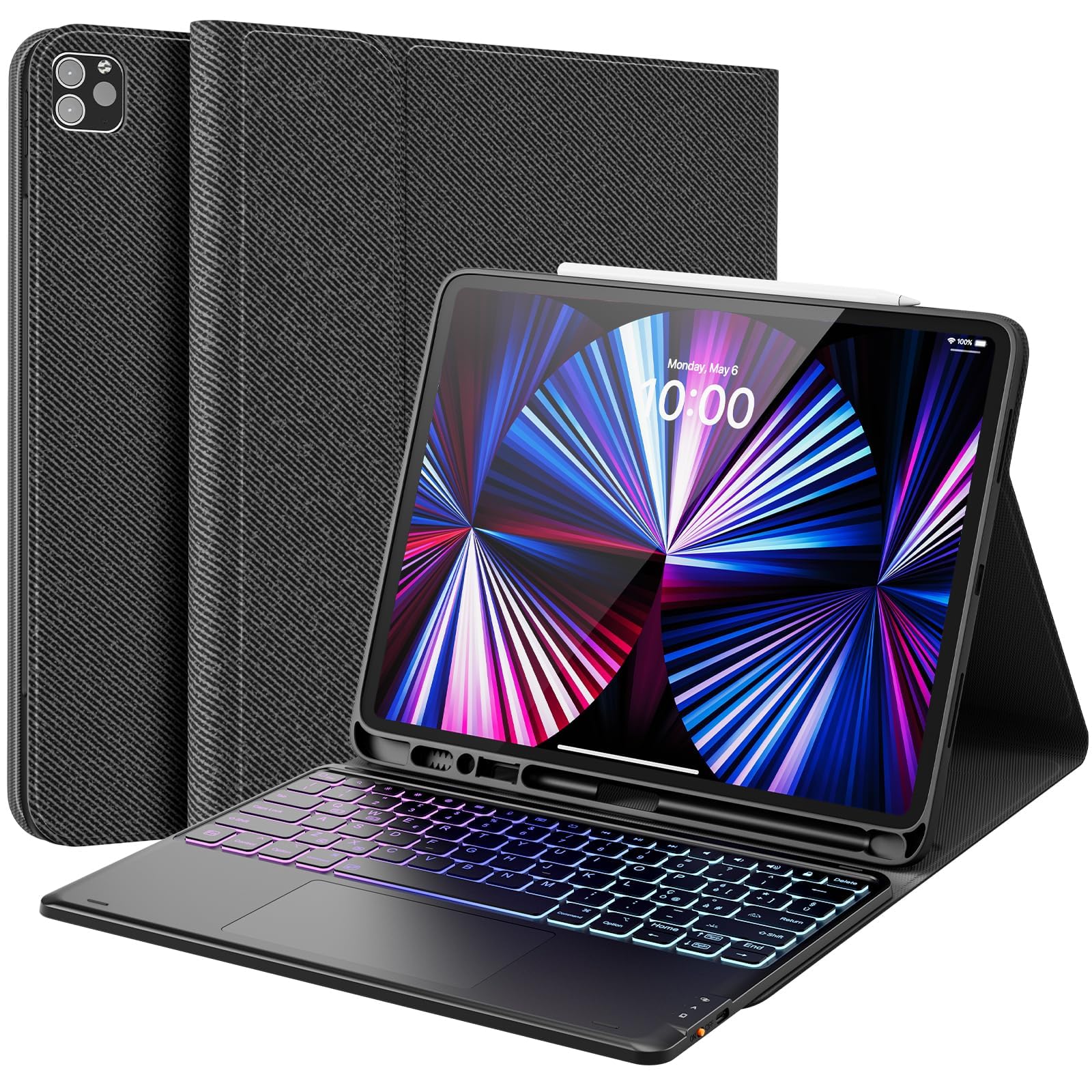 CHESONA Custodia con Tastiera iPad Air 13, 3 Zone 7 Colori Retroilluminate, Cover Tastiera per iPad Pro 12,9 con Trackpad, 2 Canali BT, Magnético Tastiera per iPad Pro 12,9 (6a/5a/4a/3a Gen), Nero
