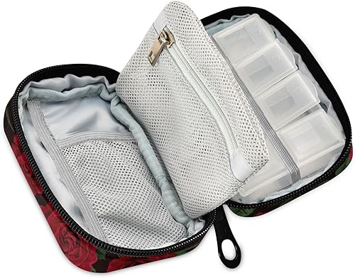 Miniatura 2 de Pfrewn Pastillero organizador de píldoras retro de rosa roja con cremallera, 7 días, portátil, pequeño, semanal, para medicina, para medicina, bolsa