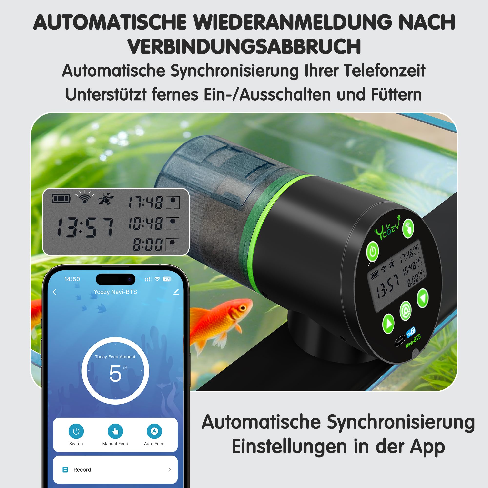 Ycozy WiFi Fischfutter Automat Aquarium, Futterautomat Netzteil mit Stecker & USB-C Kabel Fischfutterspender WLAN Gesteuerter mit APP Automatischer Fischfutterautomat für Aquarium Navi-BTS