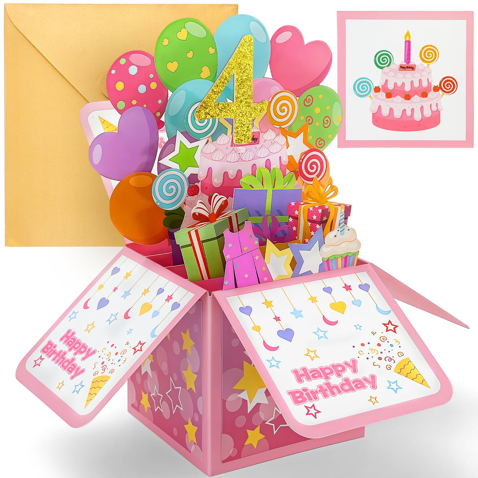 YianHien 4th Birthday Card Girl, Pop Up 4 Year Old Birthday Card for Granddaughter Niece Daughter, 4th Birthday Decorations Gifts for Girl