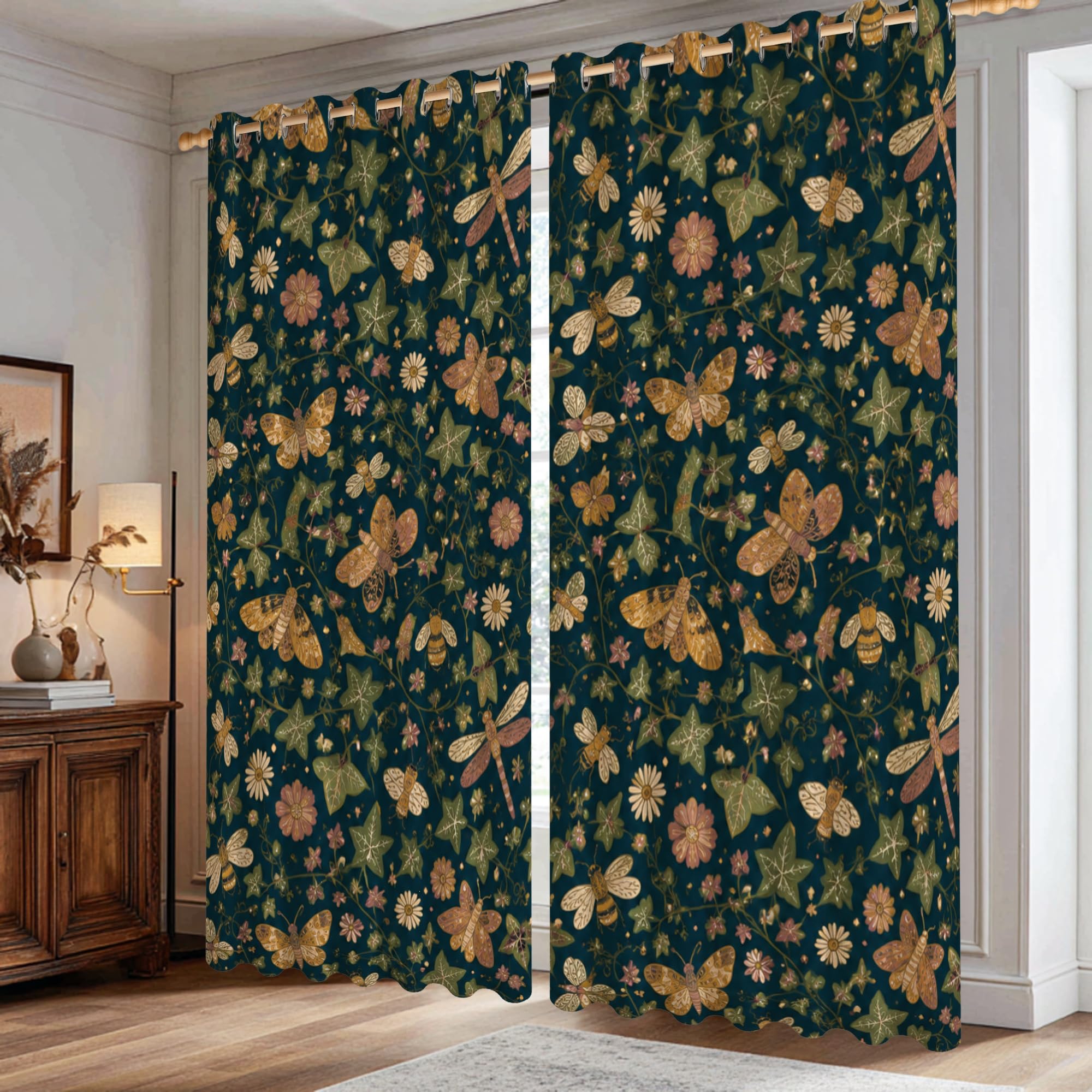 Rideaux occultants motif papillons fleurs vertes feuillage botanique naturel de 106 x 183 cm
