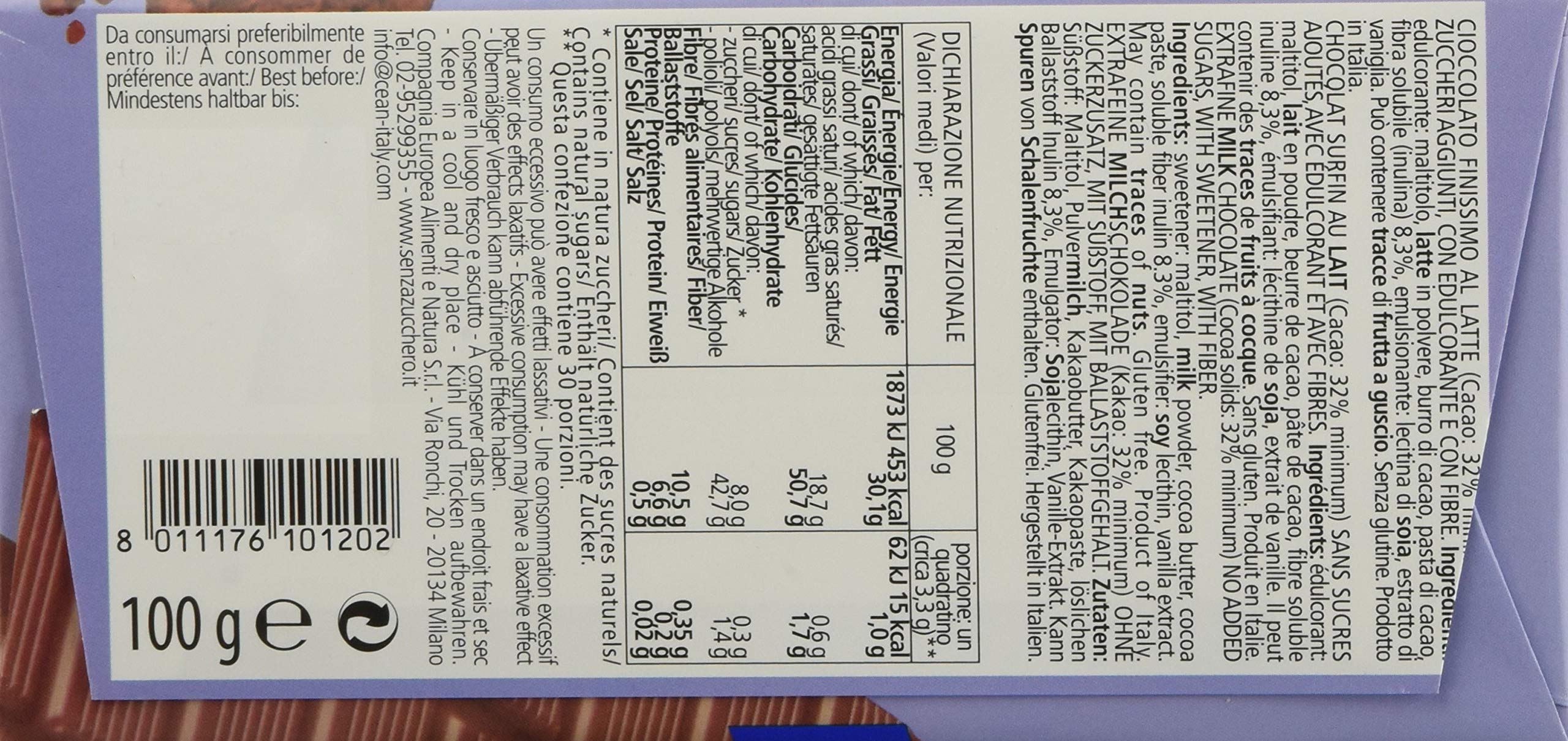 Sz - senza Zucchero Cioccolato al Latte - Confezione da 15 Pacchi X 100 G