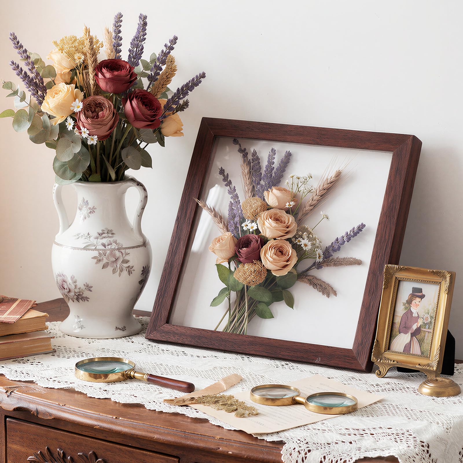 Ripeng Lot de 16 cadres photo pour bouquet de mariage, loisirs créatifs, ticket, Saint-Valentin, Pâques, médaille, bricolage mural ou cadeau de table (25,4 x 25,4 cm, noyer)