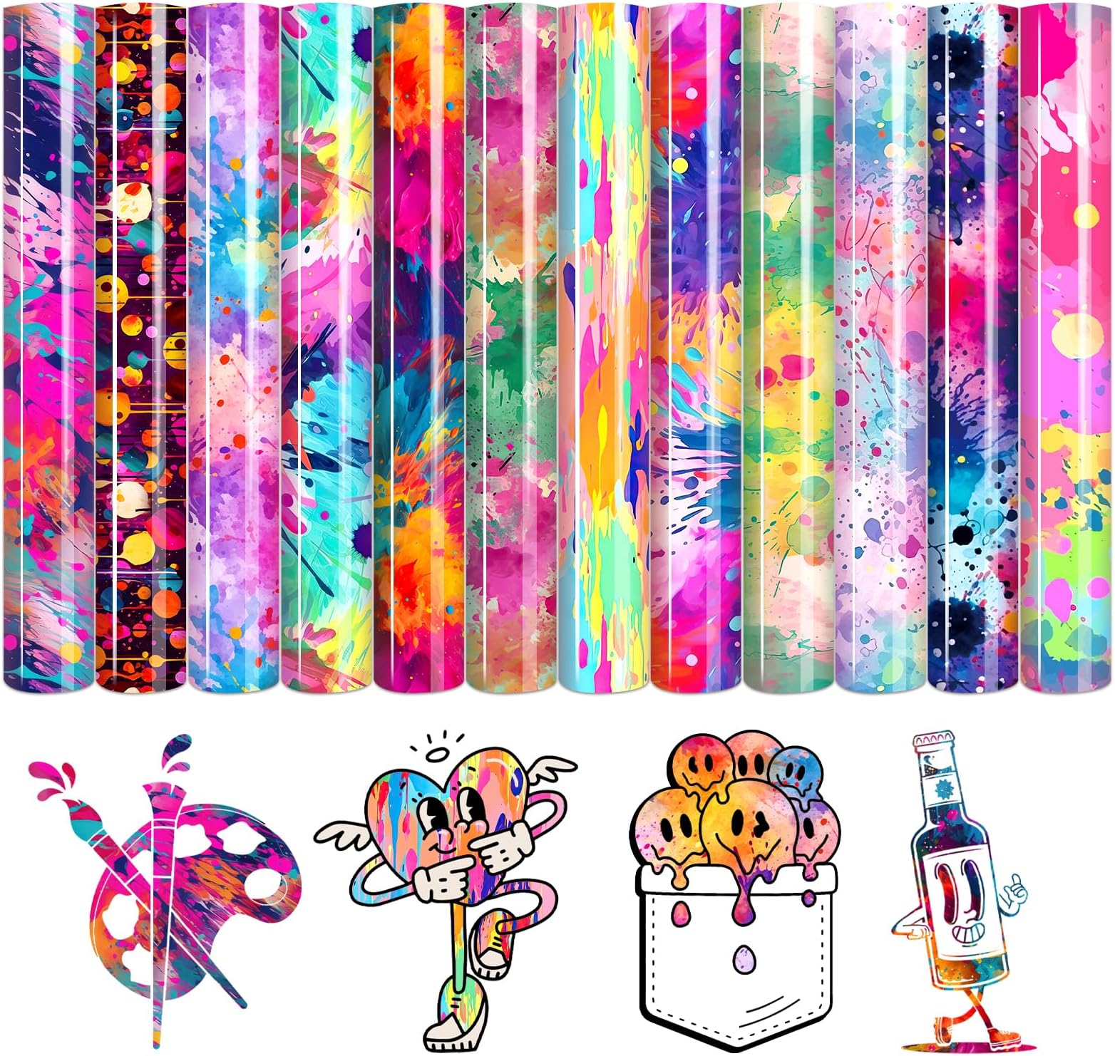 Watercolor Splatter HTV Vinyl -12 Sheets 12x10inches Colorful Splatter Heat Transfer Vinyl Splash HTV Iron on Vinyl for Fabrics Patterned HTV Compatible with Cricut/Silhoutte Cameo, STD-H-0064