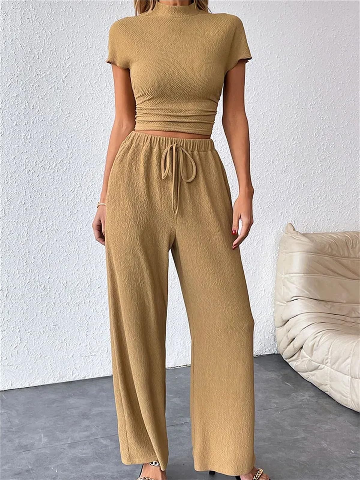 Completo Donna Elegante Pantaloni da donna in due pezzi, maglietta a maniche corte, pantaloni con lacci, casual, aderenti, elastico in vita(M)