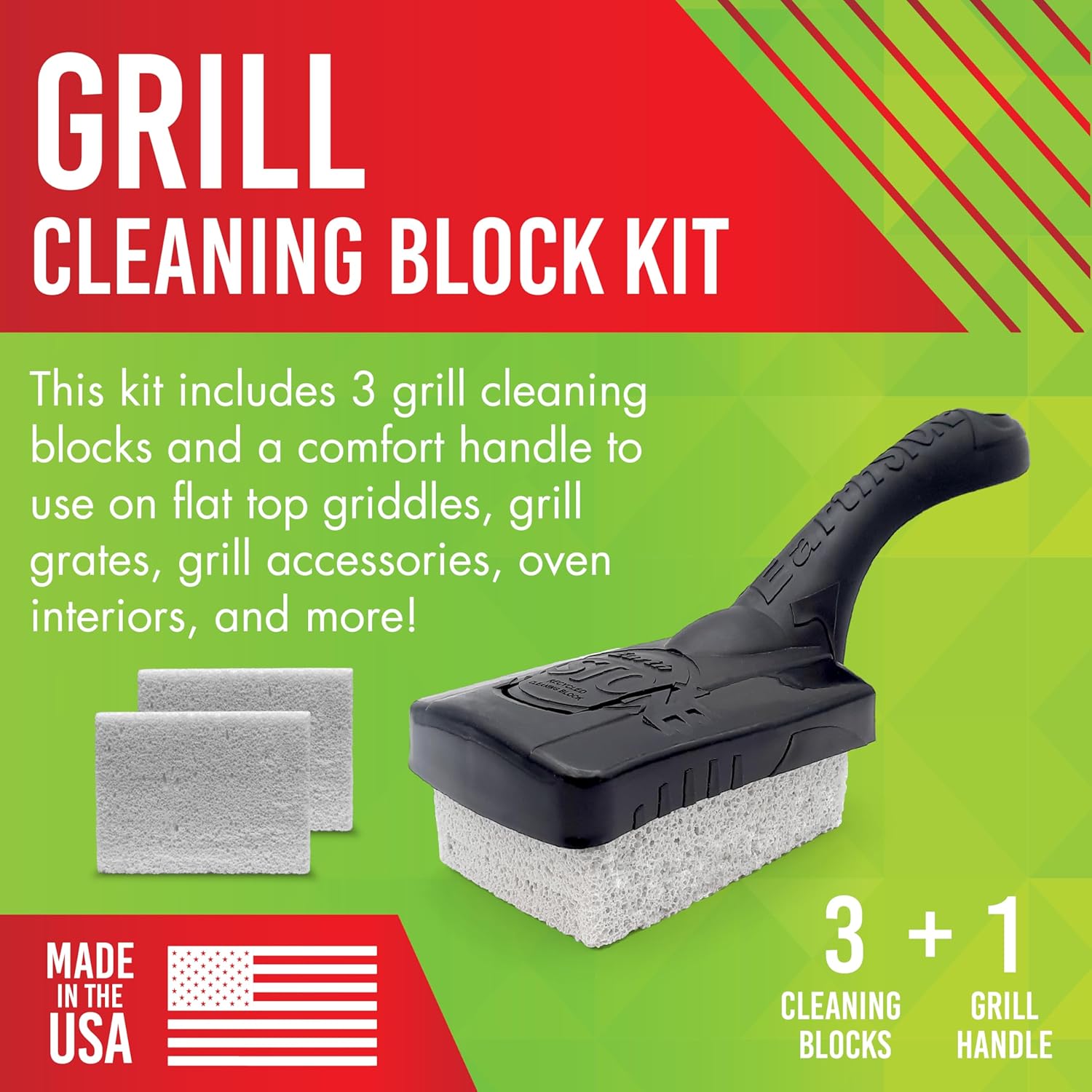 EarthStone Grill Cleaning Block Kit, Bristle Free Grill Scraper, 3 Grill Cleaning Blocks and 7" EZ-Grip Handle