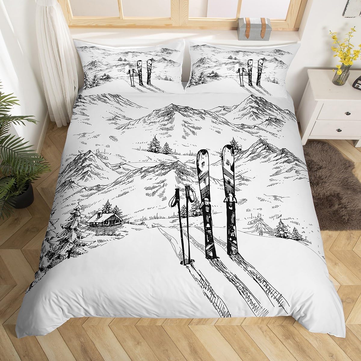Erosebridal Ski Bedding Set Queen, Winter Sports Games Comforter Cover for Kids Teens Adult Bedroom, Winter Skiing Duvet Cover Mountain Sketch Illustration Quilt Cover 3 Piece with 2 Pillow Cases