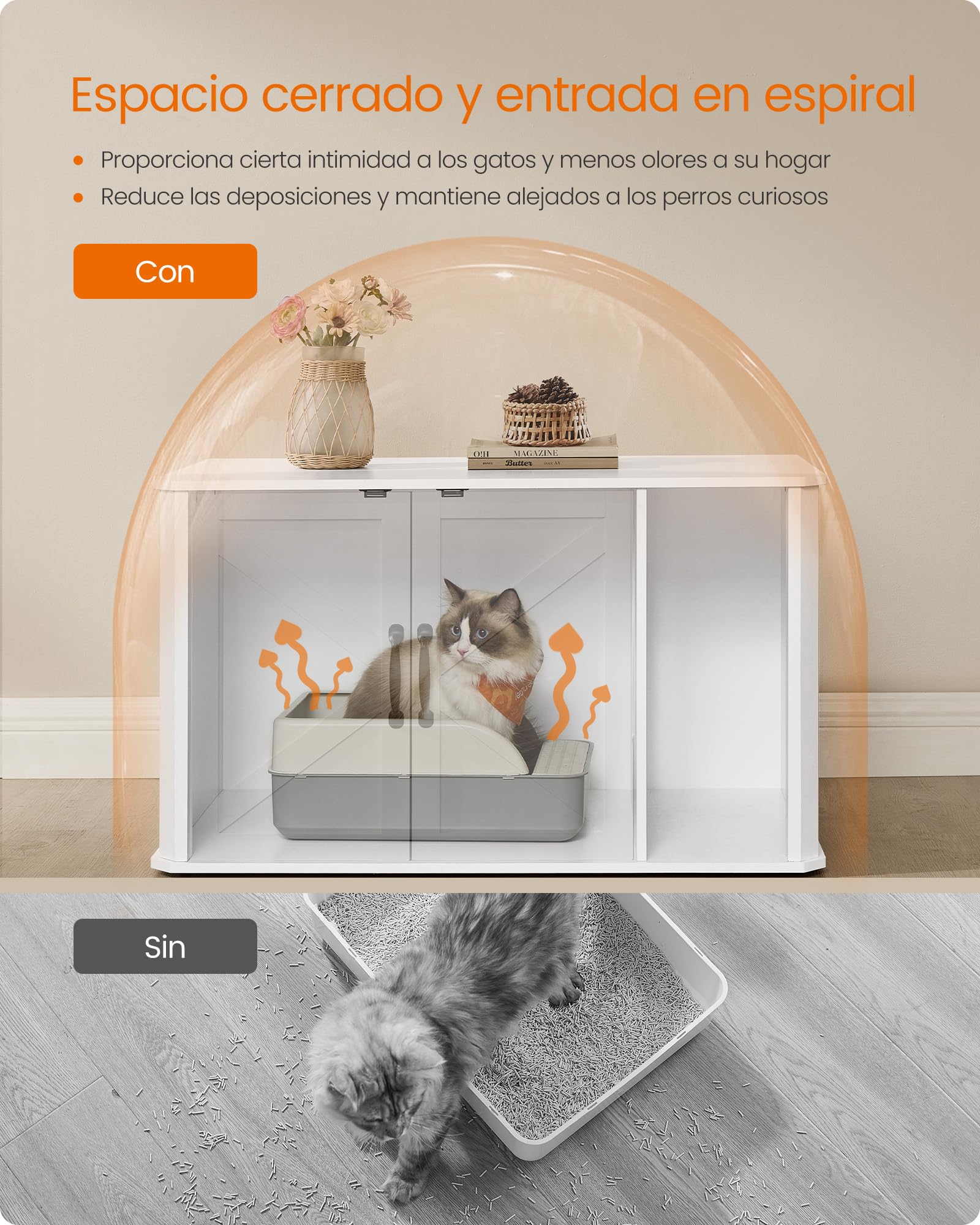 Feandrea Mueble Arenero, Moderno Arenero Oculto, con Entrada Frontal, Puertas Dobles, Asas, Casa para Gatos, Mesa Auxiliar, 85 x 48.5 x 50 cm, Blanco Nube PCL012W01