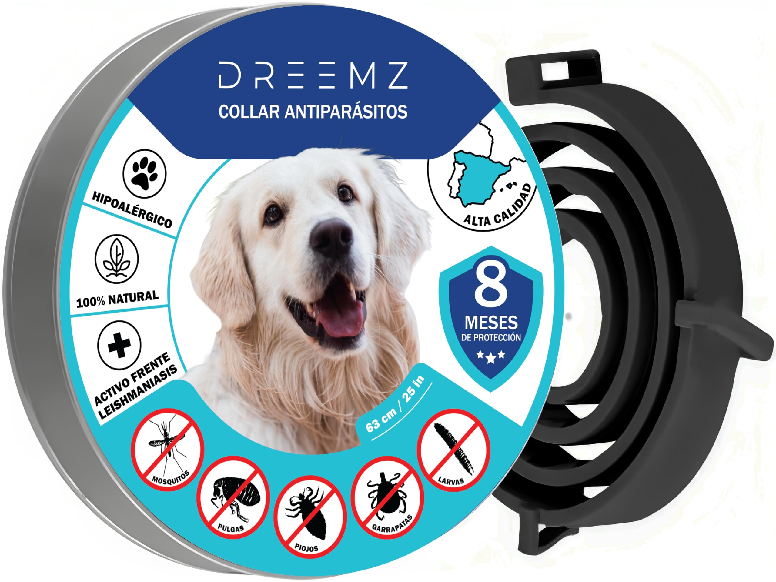 DREEMZ® Collar Antiparasitario Perros-Collar Antipulgas-Collar contra pulgas, garrapatas y Mosquitos, 8 Meses protección-63cm Ajustable Todos tamaños-100% Natural-Impermeable-Repelente-Color (Negro)
