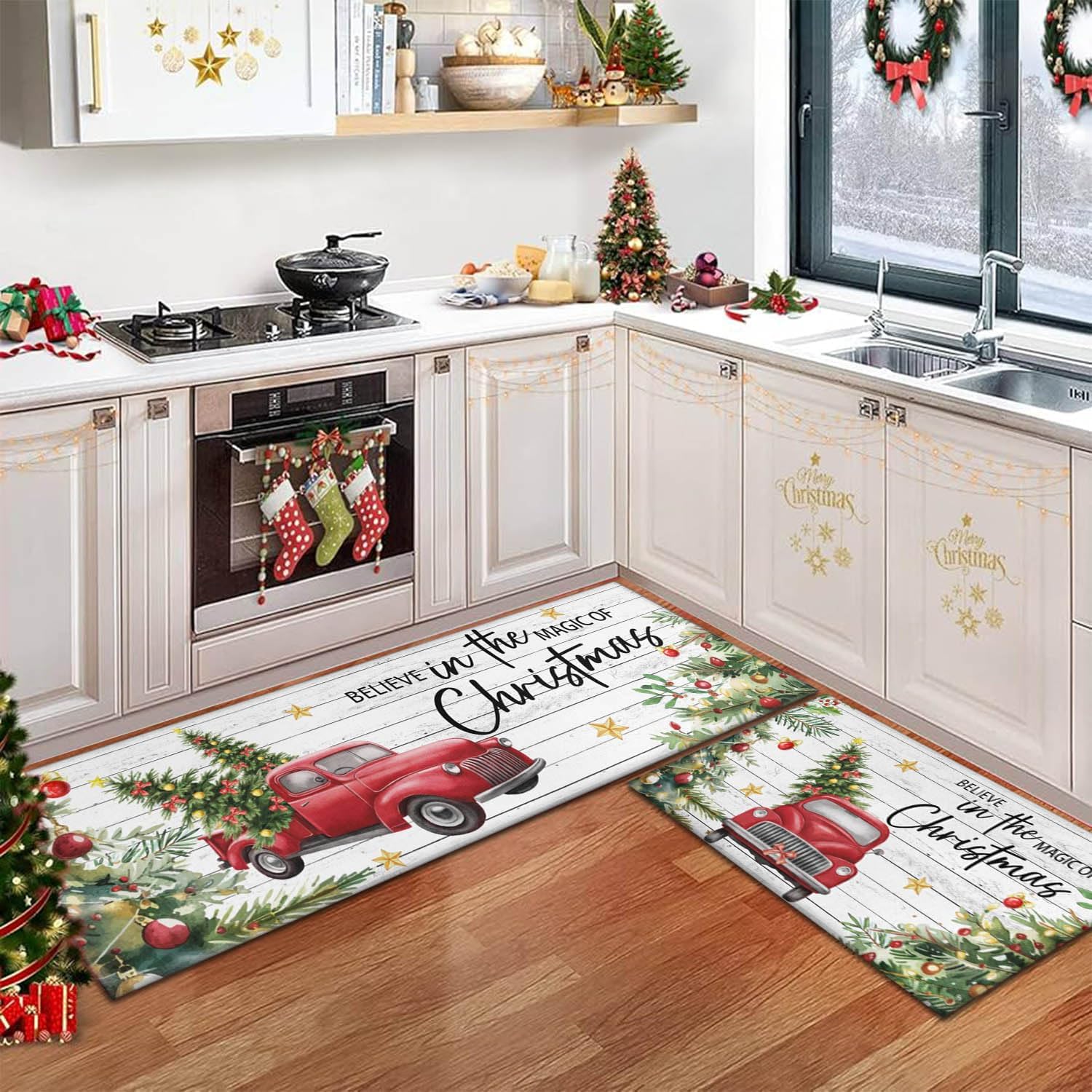 Kitchen Rugs and Mats Non Slip Washable Kitchen Mats for Floor Vintage Home Door Mat Sets of 2 Decorations 17"x30"+17"x47" Christmas Red Truck Kitchen Rugs