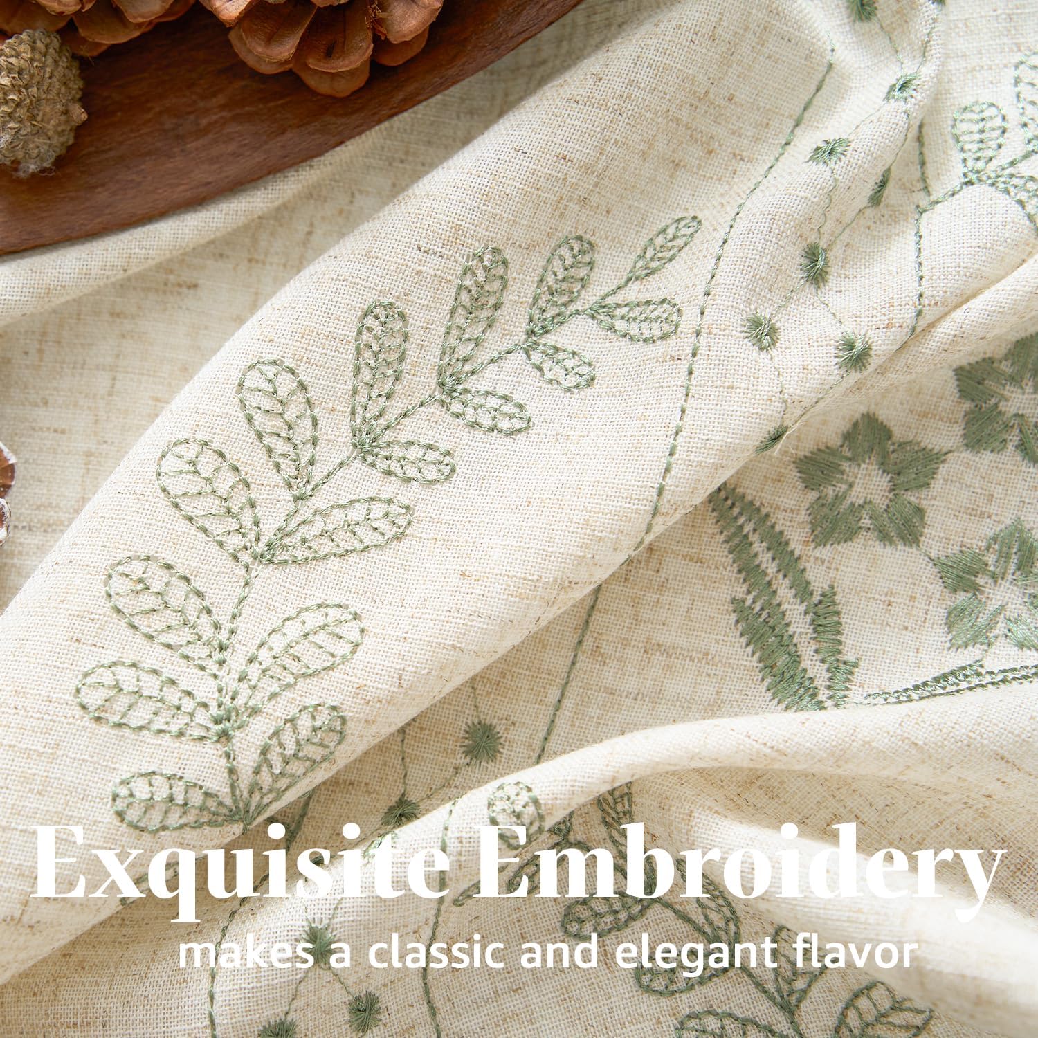 jinchan Belrose Linen Floral Kitchen Curtains 36 inch Length Embroidered Farmhouse Cafe Curtains for Living Room Bathroom Small Windows Curtain Set Sheer Light Filtering 2 Panels Sage Green