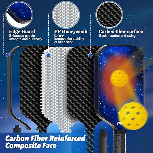 Vista 2 de Juego de 4 palas de pickleball de fibra de carbono de 0.63 pulgadas, ligeras, silenciosas, para interiores y exteriores, equipo de pickleball con 4