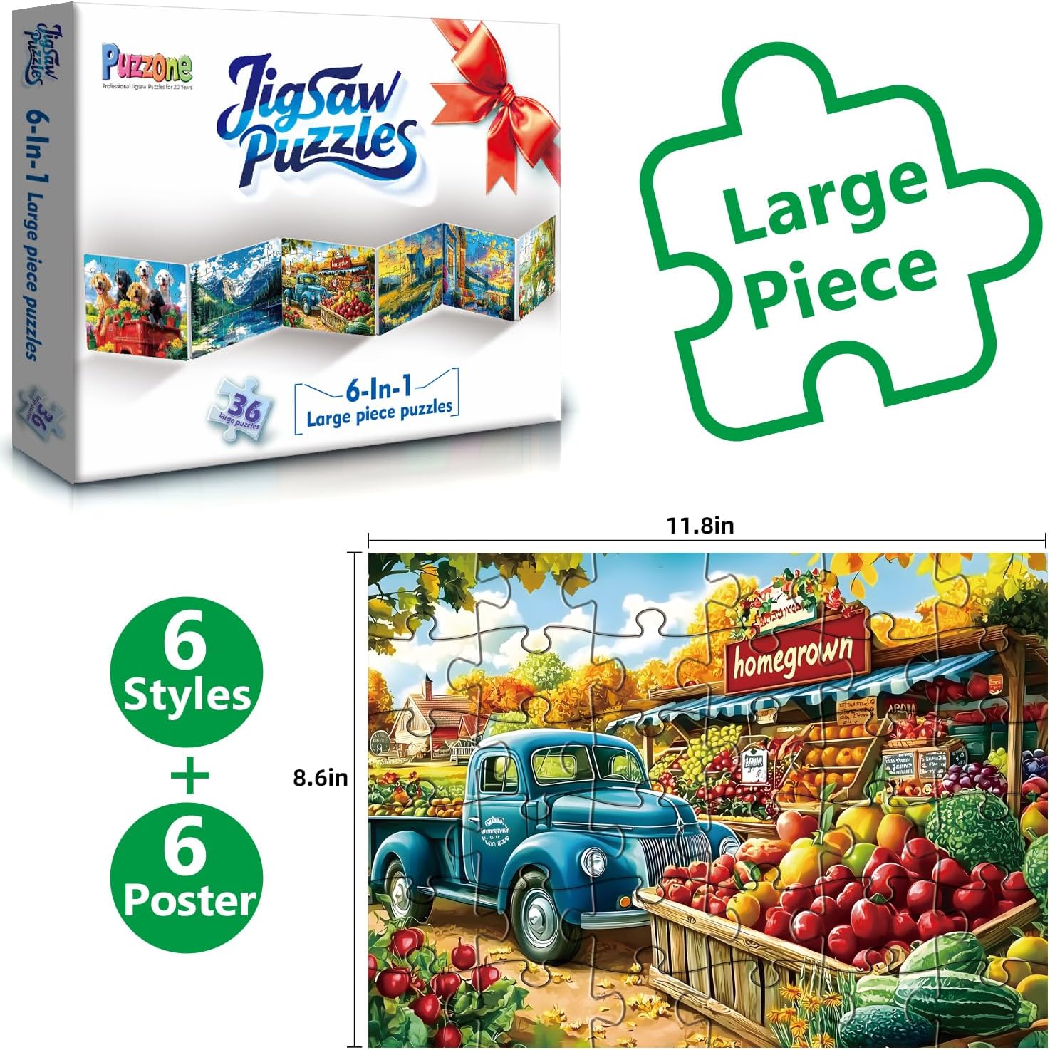 6 Pack 36 Piece Large Puzzles for Seniors Dementia Alzheimer's Puzzle Products Memory Activities for Elderly Adults Cognitive Easy Games Jigsaw Puzzle Gifts with Beautiful Scenic & Animal Art