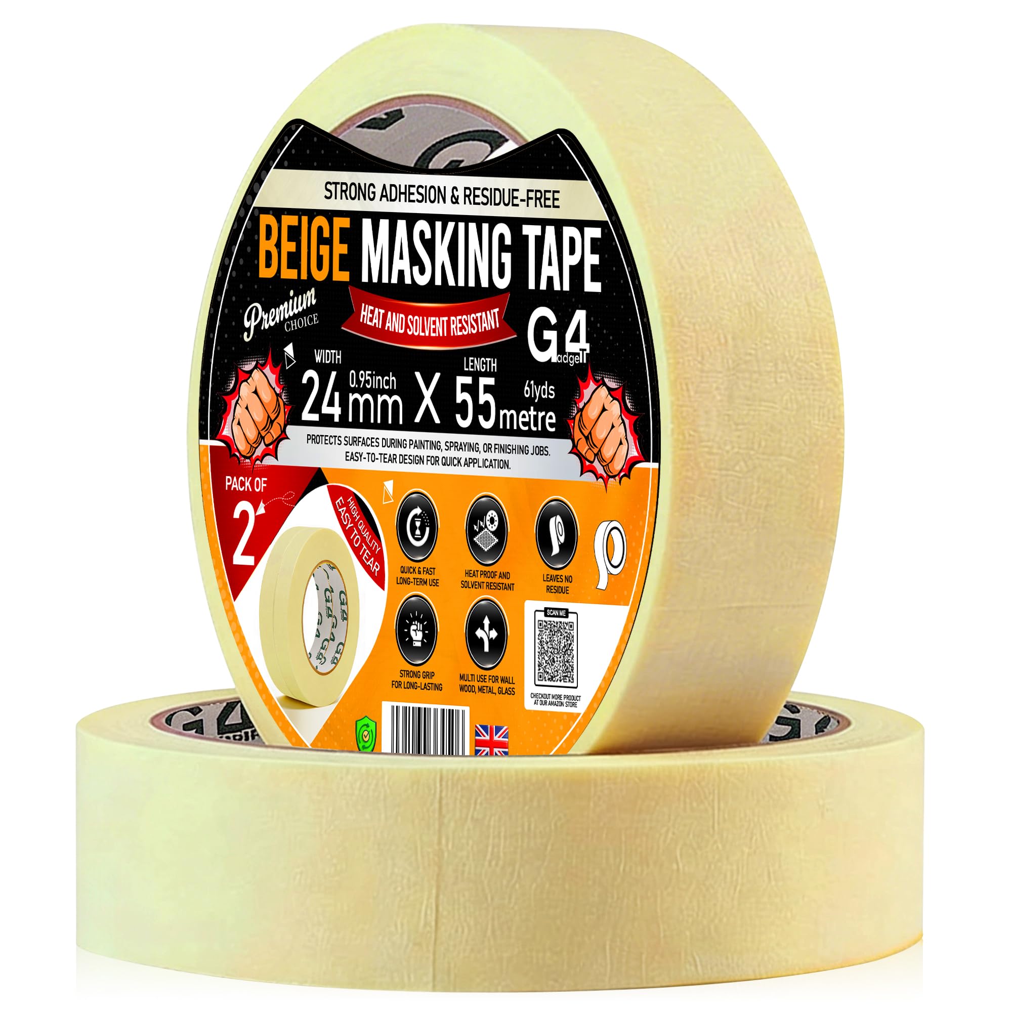 G4GADGET Masking Tape for Painting (2 Pack) – 24mm x 55m Decorators Painters Tape, Crepe Paper Low Tack Masking Tape, Clean Removal, Residue-Free for Walls, Trim, DIY & Crafts
