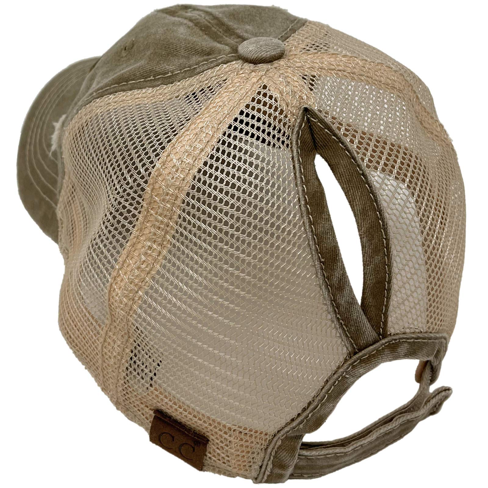 C.C Ponytail Messy Buns Trucker Ponycaps Plain Baseball Visor Cap Dad Hat (Distressed USA Flag Olive)