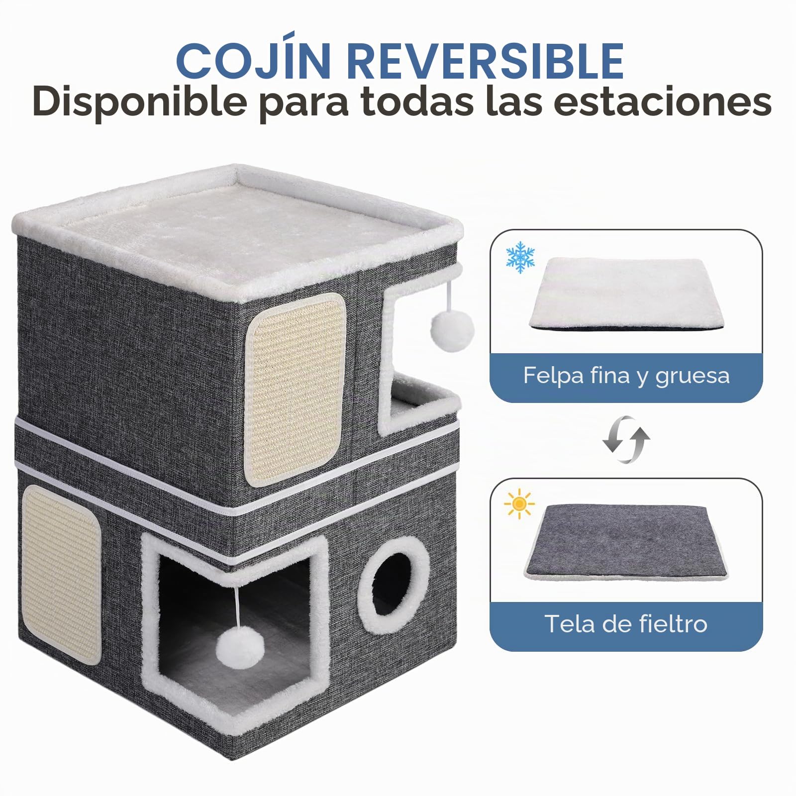 Casa para gatos de 3 capas, cueva plegable para gatos grandes, 40 x 40 x 63 cm, cubo interior para gatos, divisible en 2 grandes cuevas para gatos con escondite para gatos, cama grande para gatos con