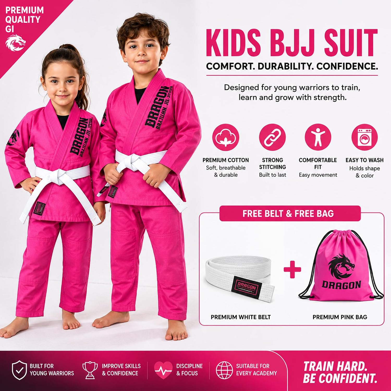 BJJ Kids Jiu Jitsu Gi, Brazilian Jiu Jitsu Uniform, Children Grappling Preshrunk Kimonos Lightweight White Belt