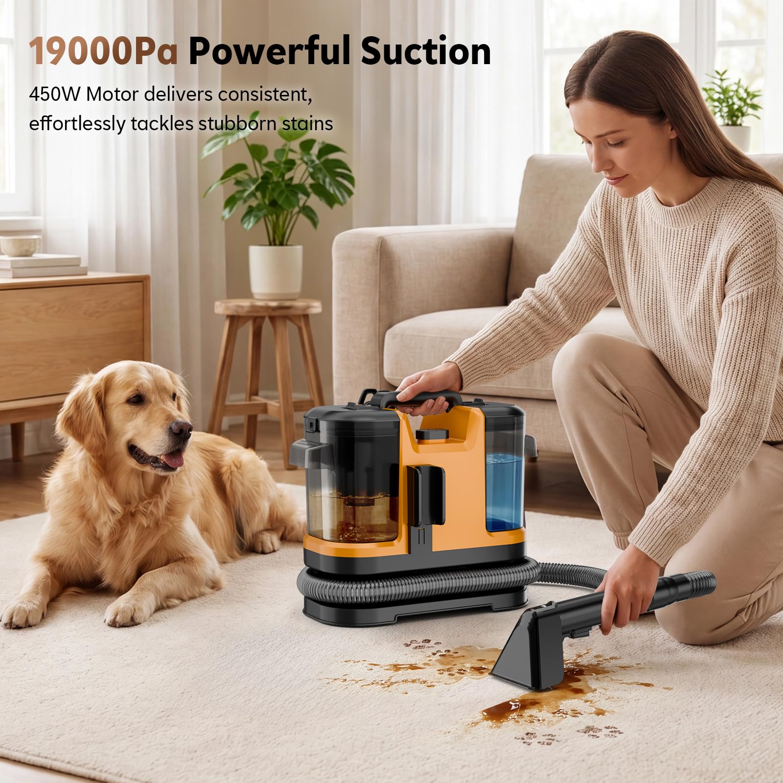 Máquina limpiadora portátil de alfombras, potente succión de 19 kPa, limpieza profunda para alfombras, sofás, muebles, asientos de coche, manchas de mascotas, champú de mano con 2 cabezales de