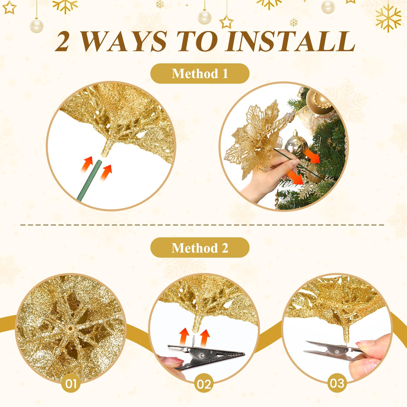 Alupssuc Künstliche Glitzer-Weihnachtsbaum-Picker, 12 Weihnachtssterne + 6 Beerenstiele + 6 Beerenblätter, Dekorationsset, für drinnen und draußen, goldfarben, 24 Stück