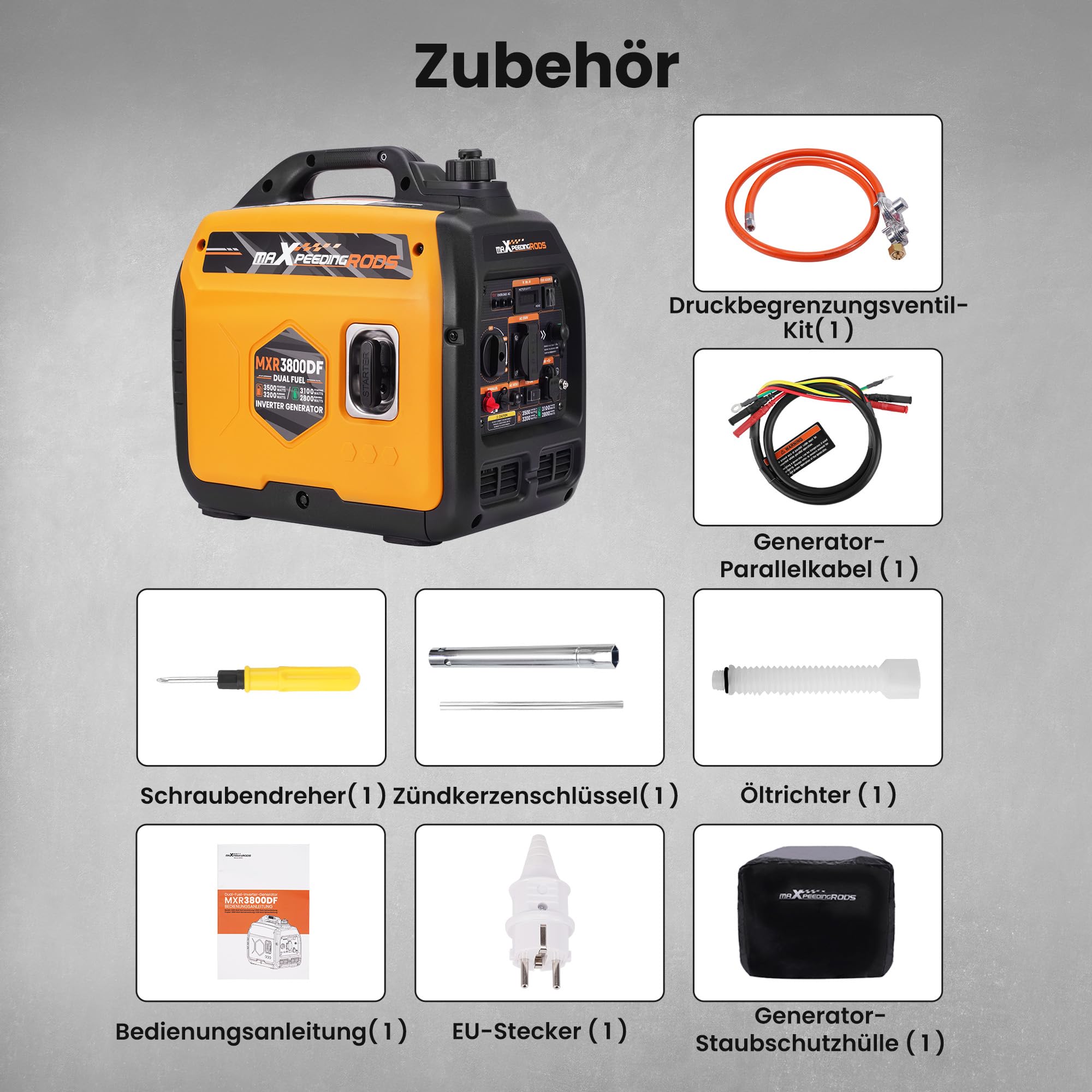 maXpeedingrods 3500W LPG/Benzin Inverter Stromgenerator Generator Gas Leise Stromerzeuger Dual Fuel Notstromaggregat mit 230 V / 16 A Steckdose; 2 × USB-Anschlüsse für Camping Garage Reise Outdoor