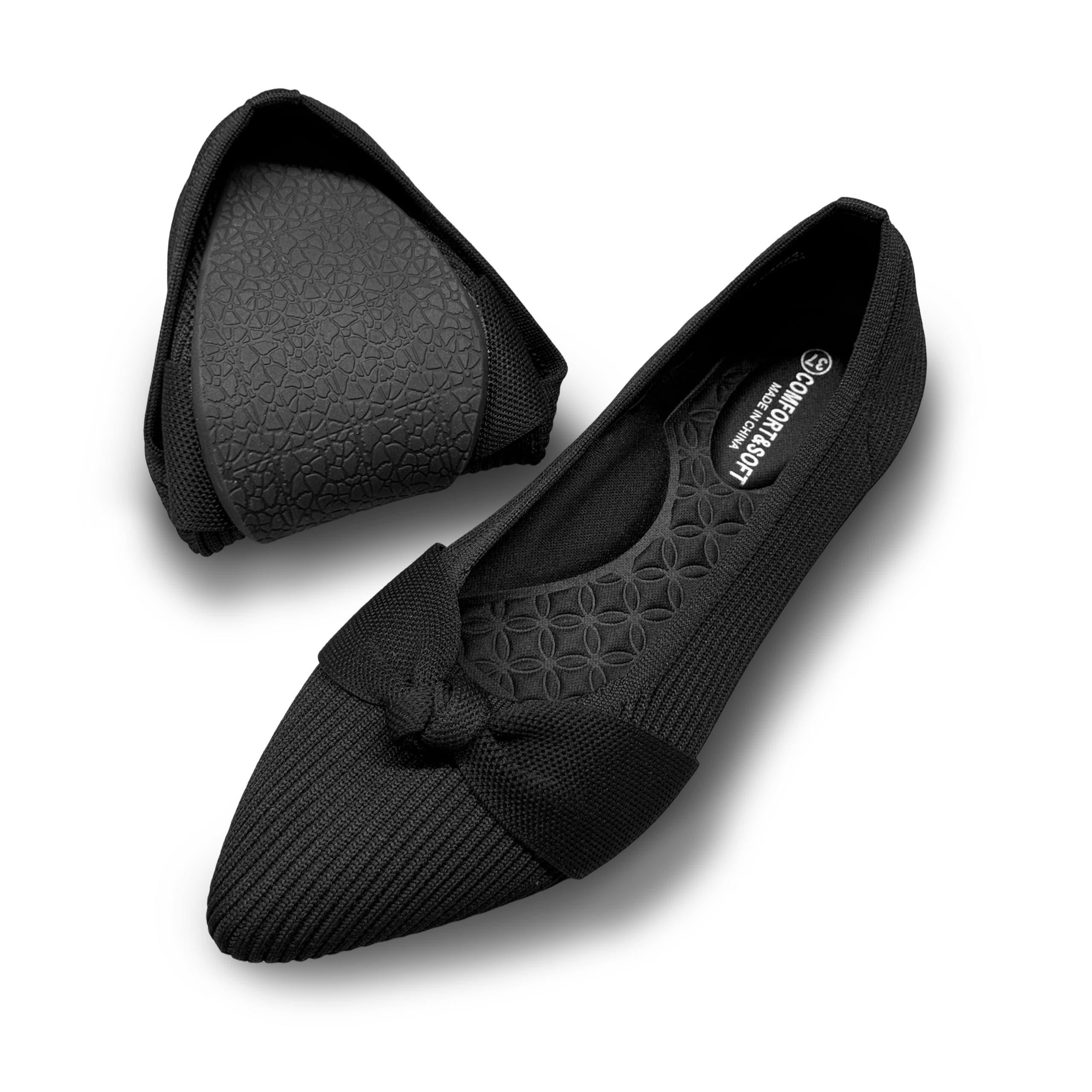 CALEBGAR Damskie baleriny spiczaste, płaskie buty z dzianiny z kokardką, eleganckie i wygodne wsuwane klapki wsuwane do noszenia w czasie wolnym i do biura