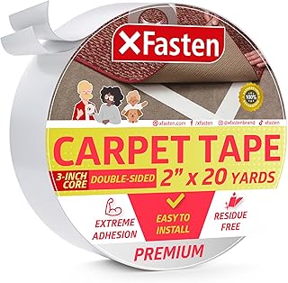 XFasten Carpet Tape Double Sided - Heavy Duty 2” x 20 yds Gentle on Surface Double Sided Carpet Tape for Area Rugs Over Carpet for Hardwood Floors, Corner Rug Tape for Carpet to Carpet