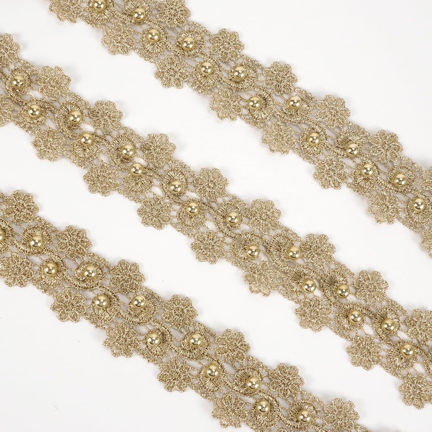 levylisa 3.28 Yards Pearl Flower Lace Trim Ribbon Vintage Edging Trimmings Fabric Embroidered Applique Sewing Craft for Dress Party Clothes Decoration (Gold)