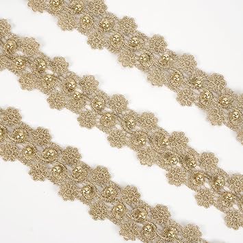 levylisa 3.28 Yards Pearl Flower Lace Trim Ribbon Vintage Edging Trimmings Fabric Embroidered Applique Sewing Craft for Dress Party Clothes Decoration Gold