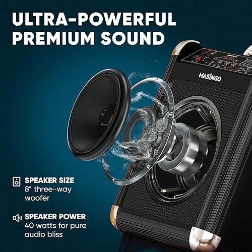 Miniatura 20 de MASINGO Máquina de karaoke para adultos y niños con 2 micrófonos inalámbricos Bluetooth. Sistema de altavoces PA portátil para cantar con luces