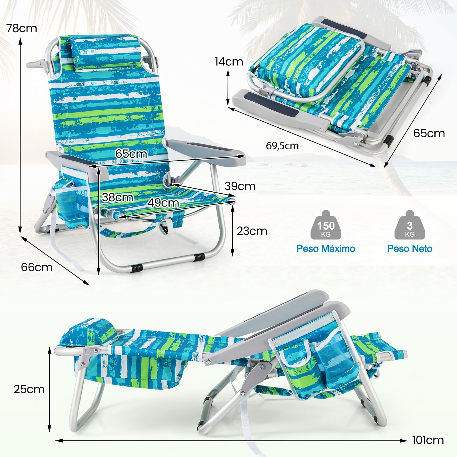 COSTWAY Silla Plegable de Playa, Tumbona con 5 Posiciones, Portavasos, Bolsillos de Almacenamiento, Correas de Hombro, Soporte para Toallas, Almohada, 150kg (Verde+Azul,1)
