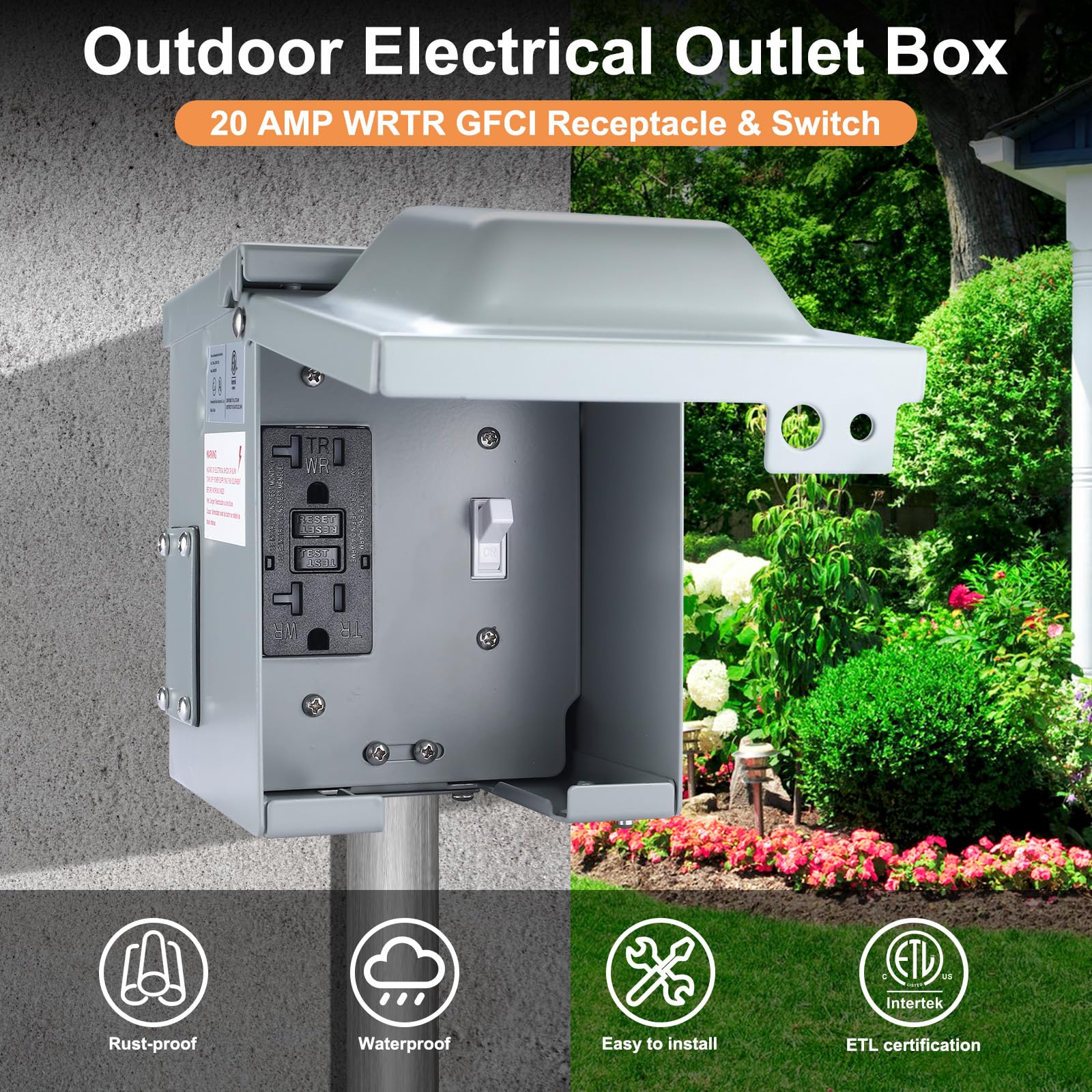 RealPlus Outdoor Electrical Outlet Box, 20 AMP WRTR GFCI Receptacle and Switch, Waterproof 3R Enclosure, Metal Outdoor Power Outlet Box Pre-Drilled, ETL Listed