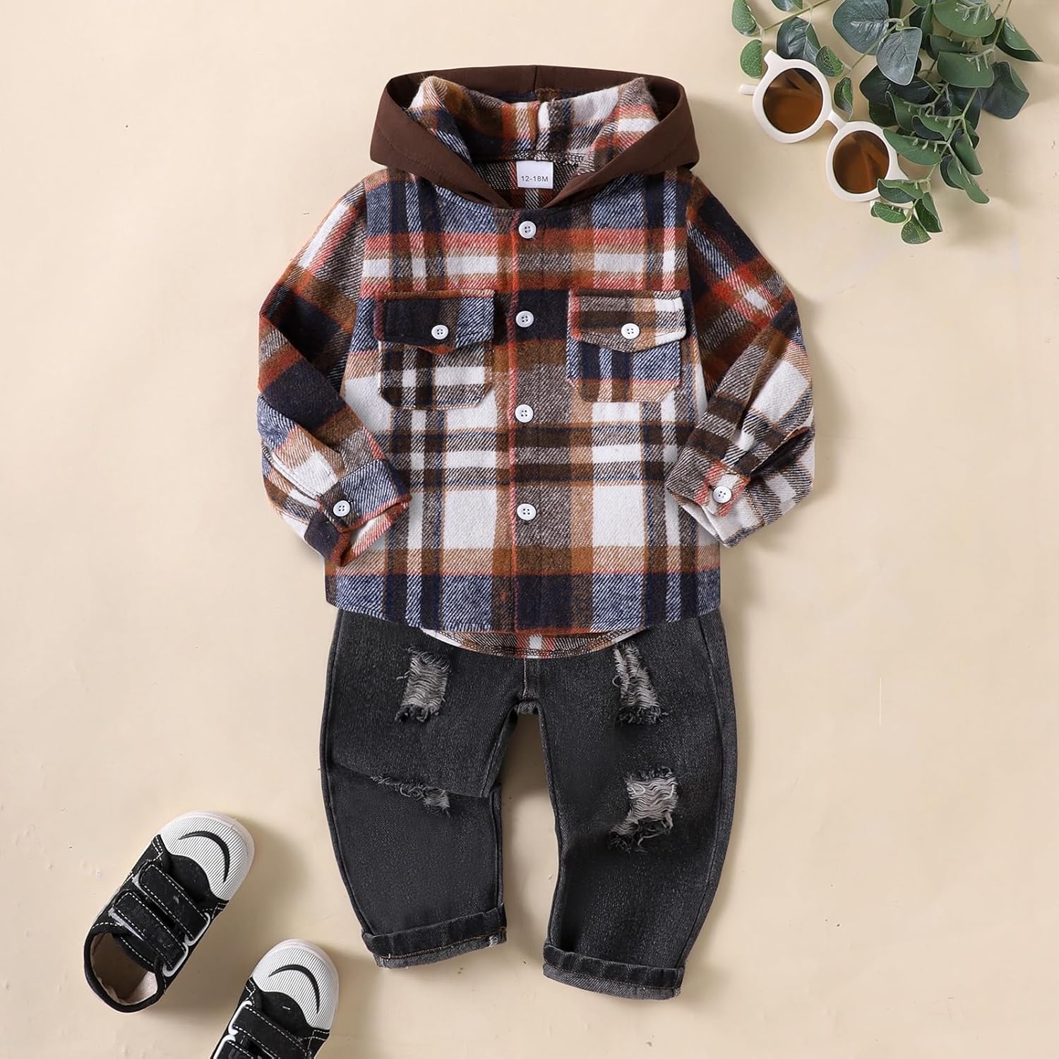 Toddler Baby Boy Fall Winter Clothes Long Sleeve Plaid Hooded Sweatshirt Ripped Holes Jeans Set 1-5 Years Old - Image 2
