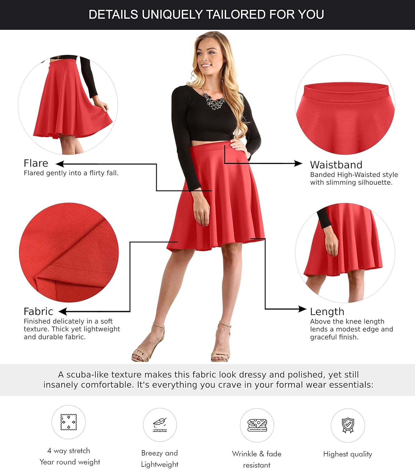 Women's Midi Skirt Flared Stretch Skirt for Women Reg & Plus Size. Casual A line, Basic Everyday Wear, Formal Office Medium Baby Pink
