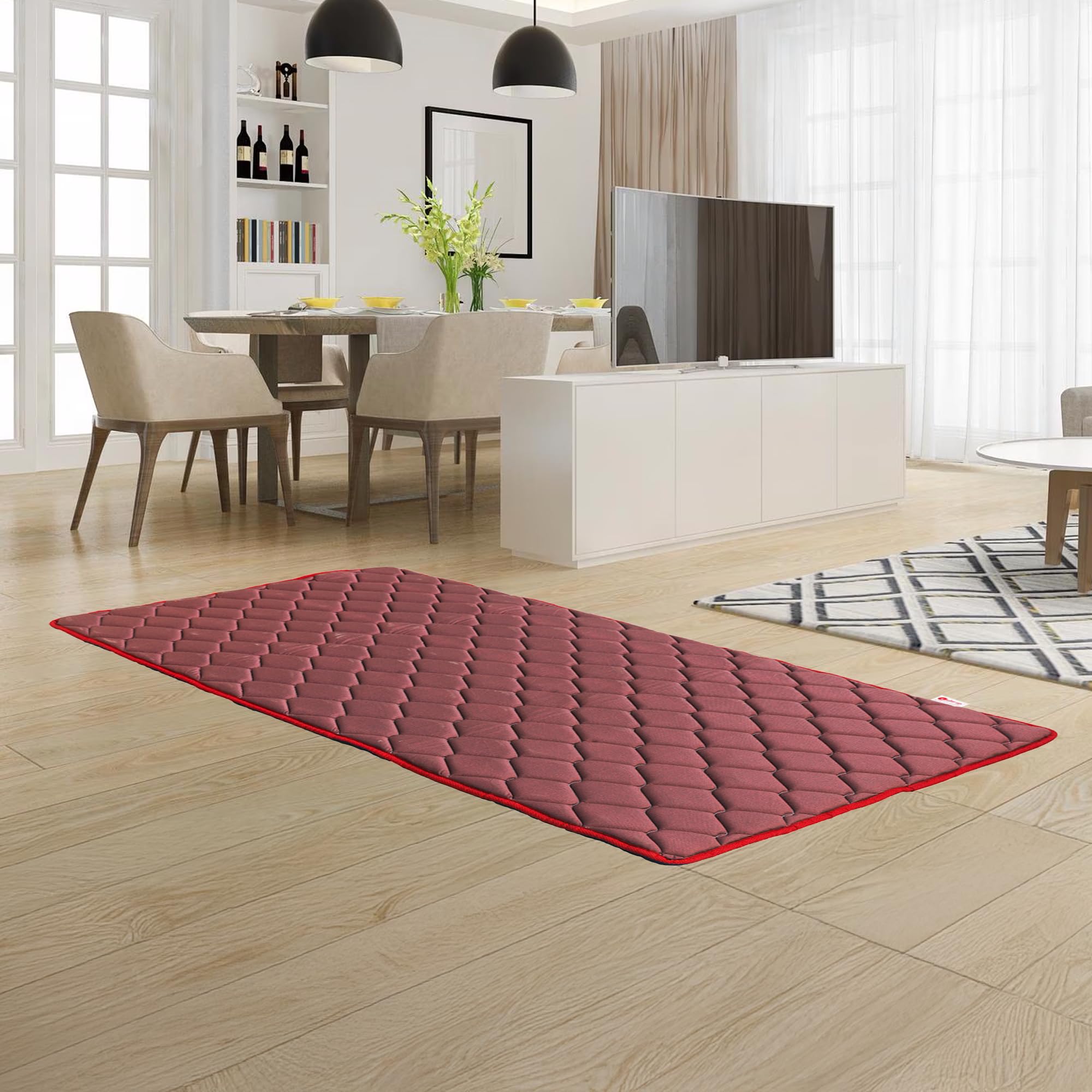 Coir On Slim PU Foam Foldable Foam Mattress, Compact 1-Inch Roll Up Mattress, Portable Light, Comfort Knitted Fabric, Soft+Durable Bed Mattress, Reversible Gadda for Floor - Queen