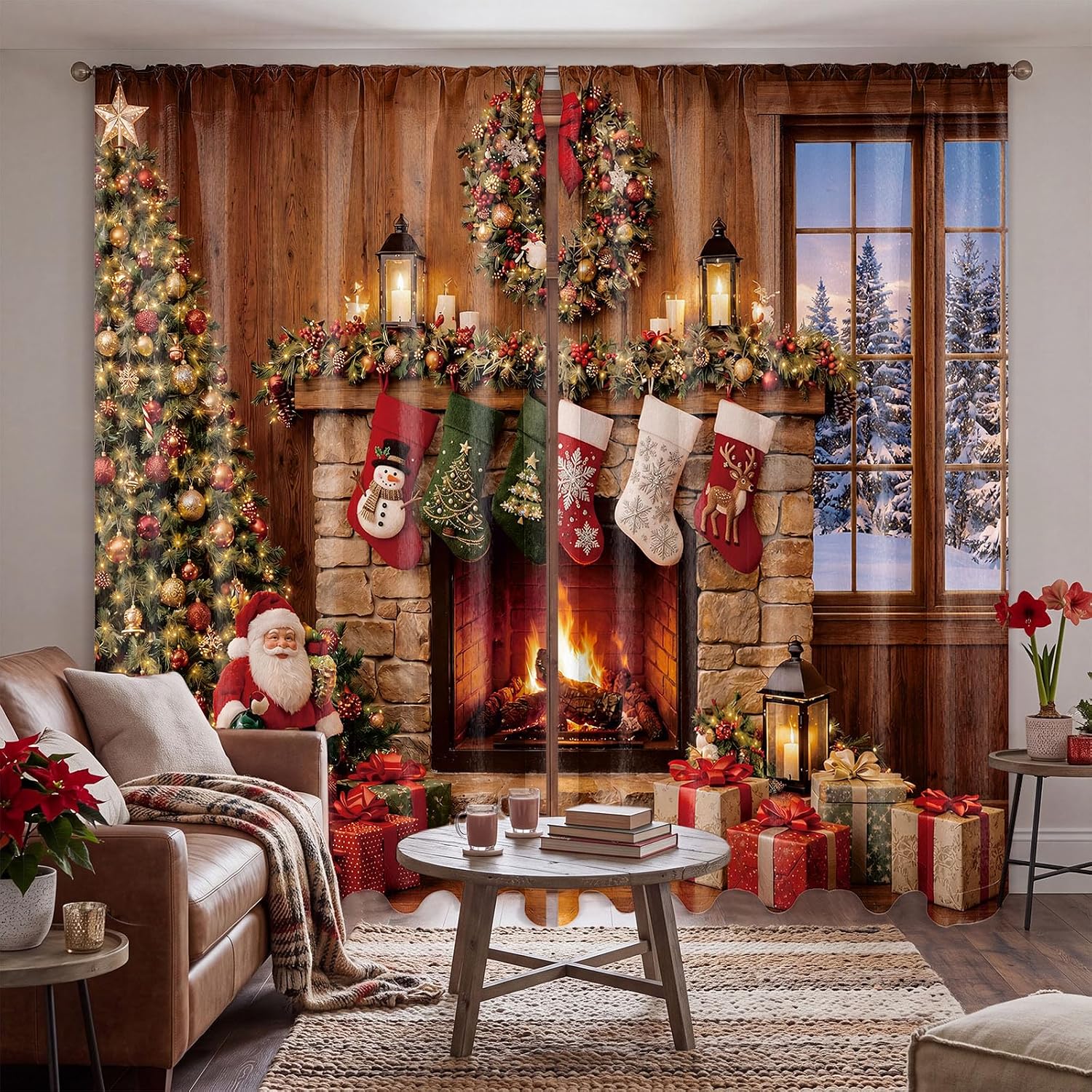 SmoothNovelty 2 Pcs Christmas Curtain for Living Room Fireplace Santa Claus