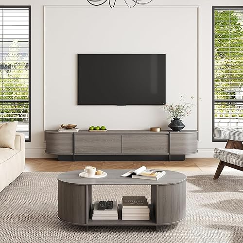 Coffee Table and TV Stand Set of 2,76.4'' Modern TV Console，Entertainment Center with 4 Drawers,Modern Oval Coffee Table with Storage, Wood Center