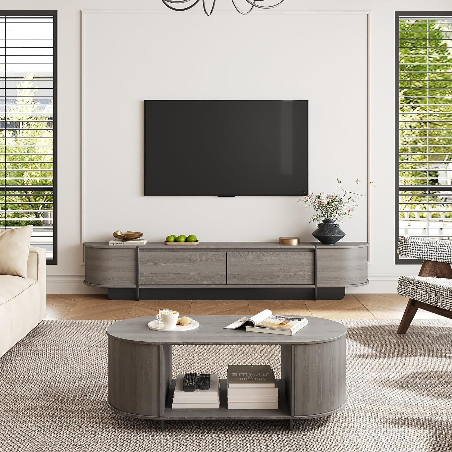 Coffee Table and TV Stand Set of 2,76.4'' Modern TV Console，Entertainment Center with 4 Drawers,Modern Oval Coffee Table with Storage, Wood Center