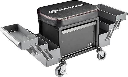 Powerbuilt Asiento rodante con bandejas de herramientas expandibles, taburete de garaje con caja de herramientas con ruedas - Gris 941918ECE