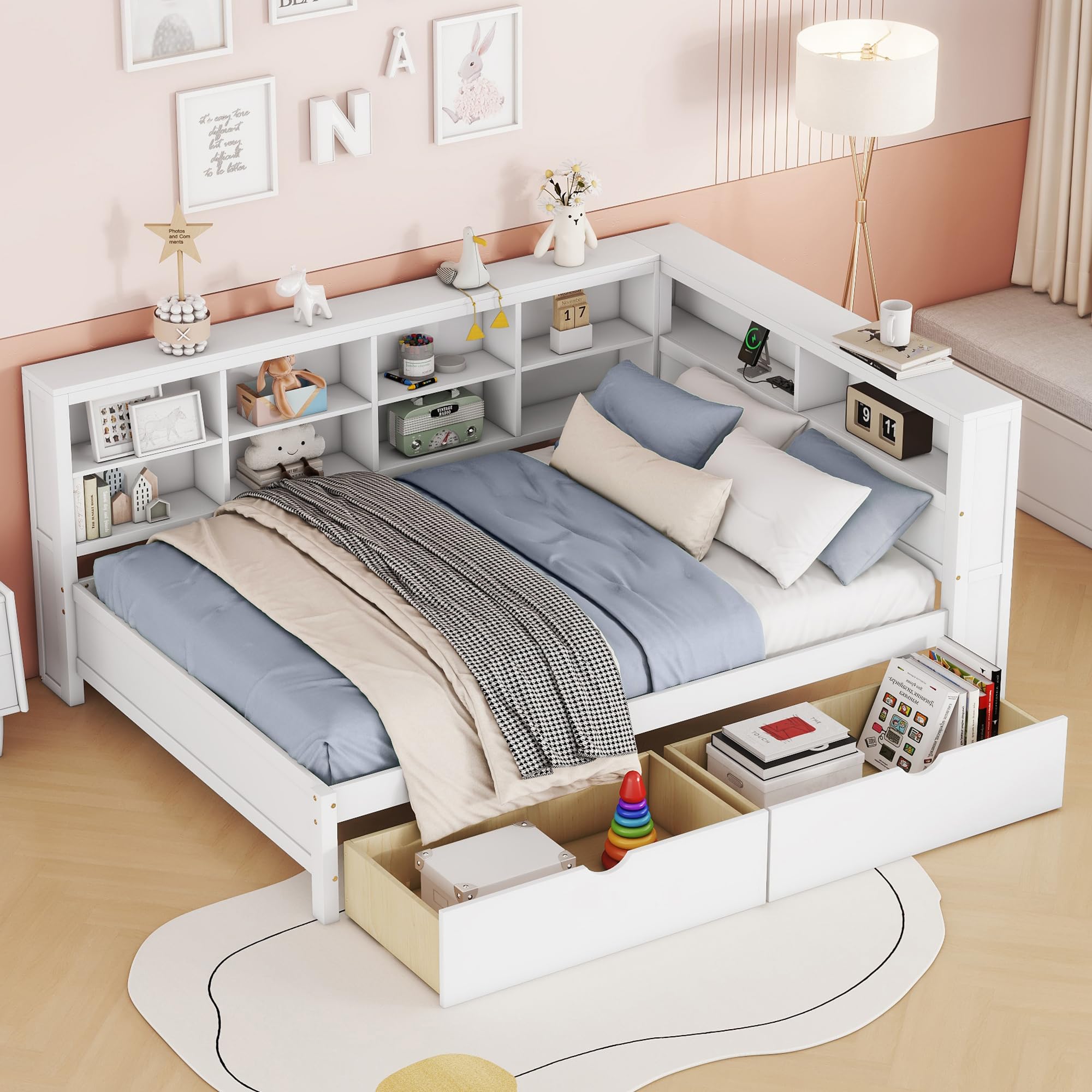 Bellemave Full Corner Bed Frame, Wood Full Size Daybed with L-Shaped Bookcase and 2 Drawers，Daybed with Storage Cabinets, White