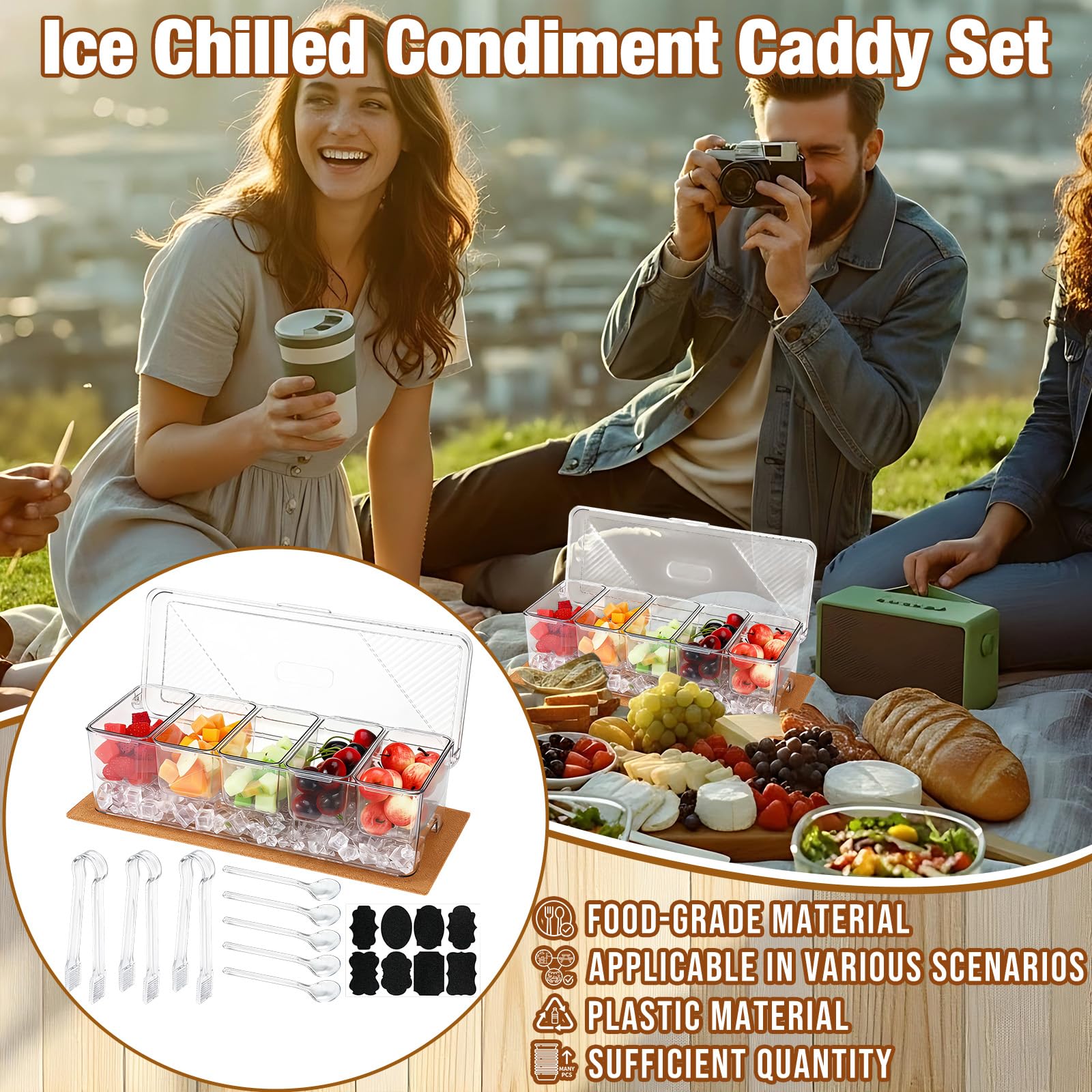 Sieral Set di 11 contenitori trasparenti per condimenti refrigerati con coperchio, tra cui 1 tampone in sughero, 5 cucchiai, 3 clip e adesivi per bar, frutta, insalata, taco e decorazioni per feste
