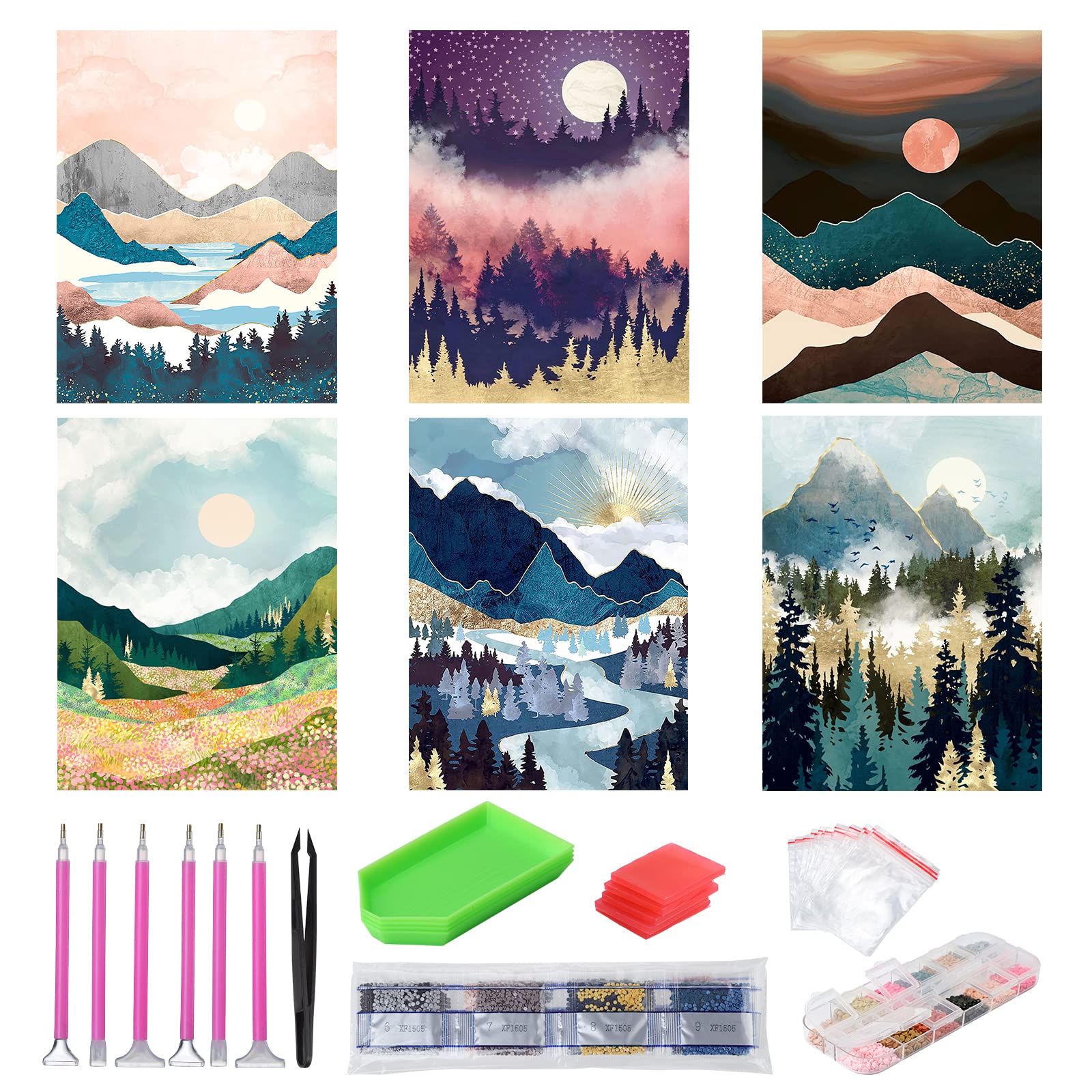abcGoodefg Diamond Art Kits for Adults 6 Pack, DIY 5D Diamond Art Paintings Landscape Mountain Set Round Full Drill Paint by Diamonds, 12x16 inch